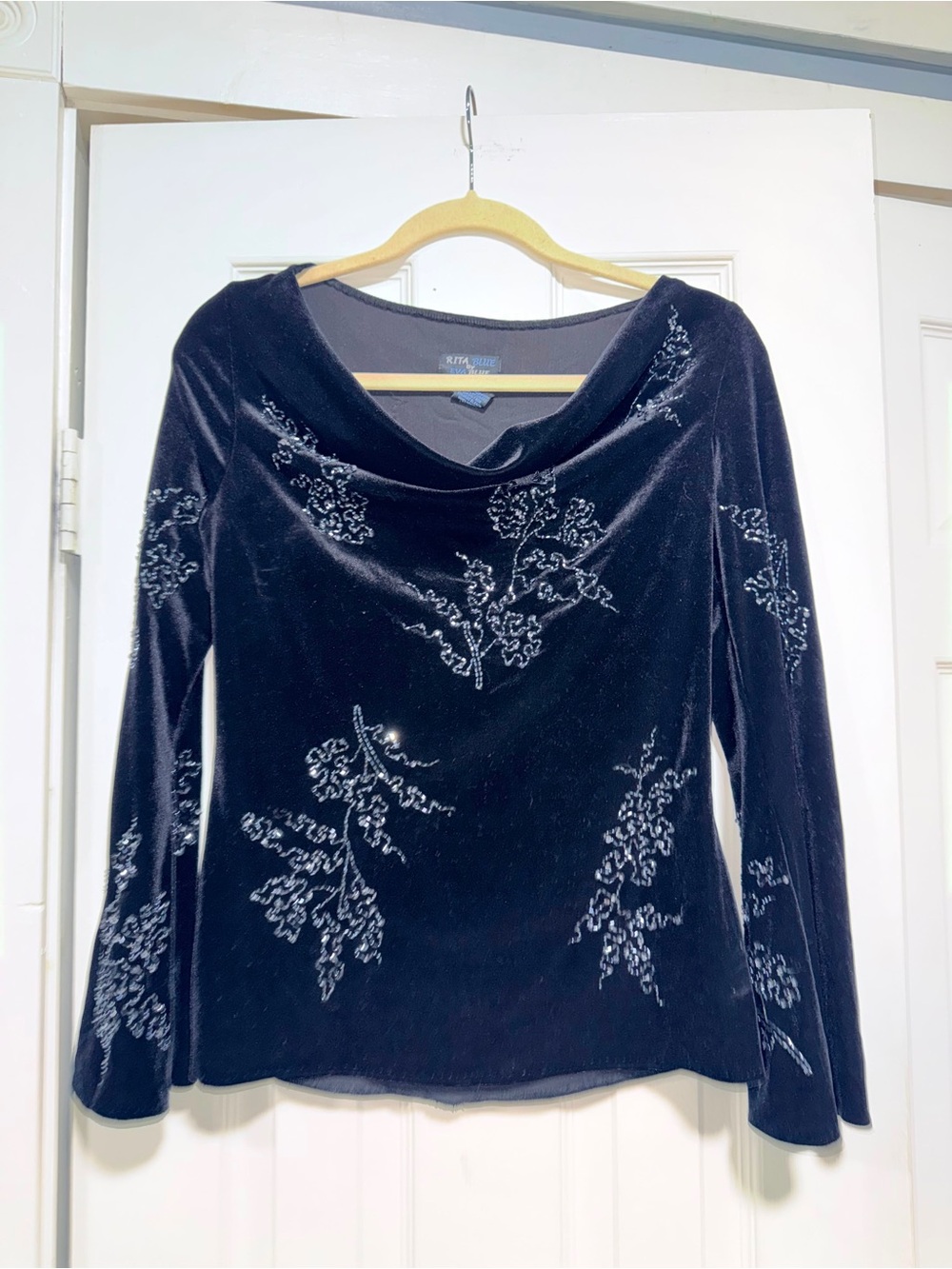 Rita Vinieris Black Velvet Cowl-Neck Embroidered Blouse